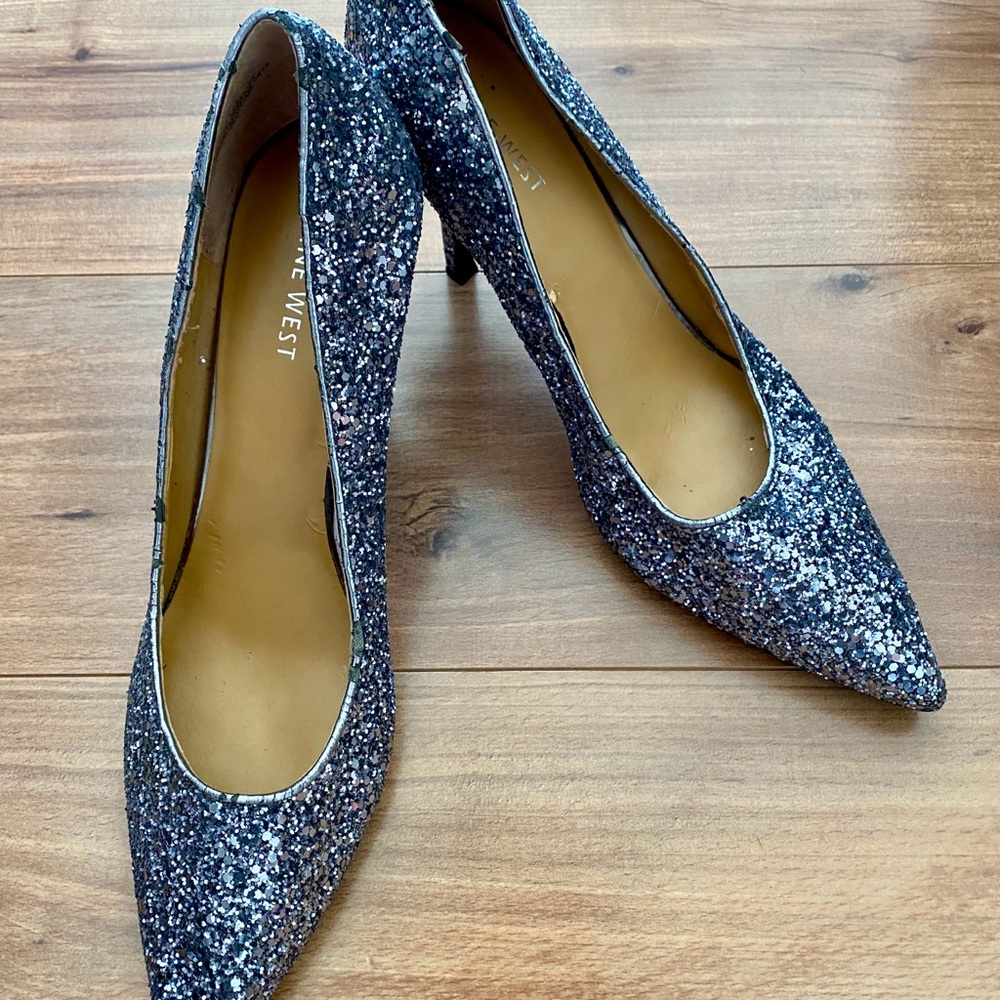 Nine West Silver Glitter Heels